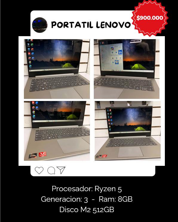 Portatil Lenovo Ryzen 5, Memoria 8 GB, Almacenamiento 512 GB m2 nvme.