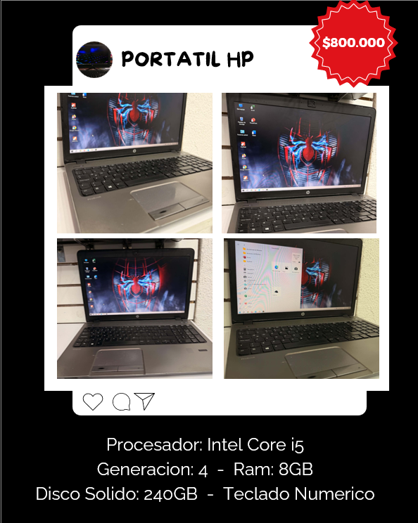 Portatíl HP Intel Core i5, Memoria 8gb y Almacenamiento 240 GB.