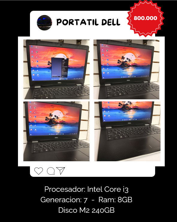 Portatil Dell Procesador Intel Core i3, Memoria 8 GB y Almacemaniento 240 GB M2 Nvme.