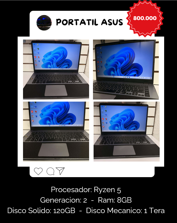 Portatil ASUS Ryzen 5, Memoria 8 GB, Almacenamiento 120 gb SSD y 1.000 Mecanico.