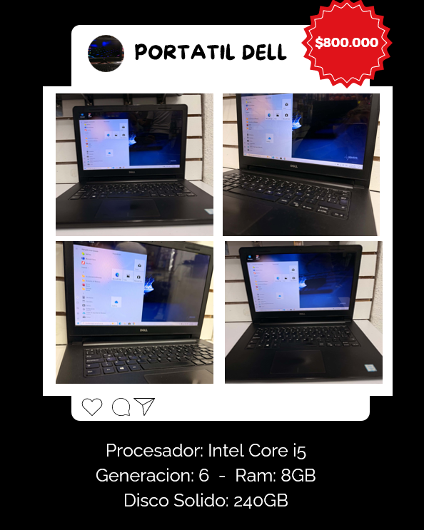 Portatil DELL Intel Core i5, Memoria 8 GB, Almacenamiento 240 GB.