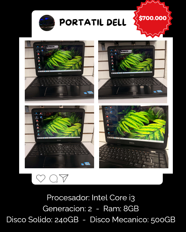 Portatil DELL Intel Core i3, Memoria 8 GB, Almacenamiento 240GB y 500 Mecanico.
