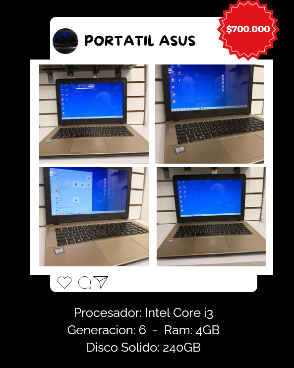Portatil ASUS Intel Core i3, Memoria 4 Gigas, Almacenamiento 240 Gigas SSD Solido.