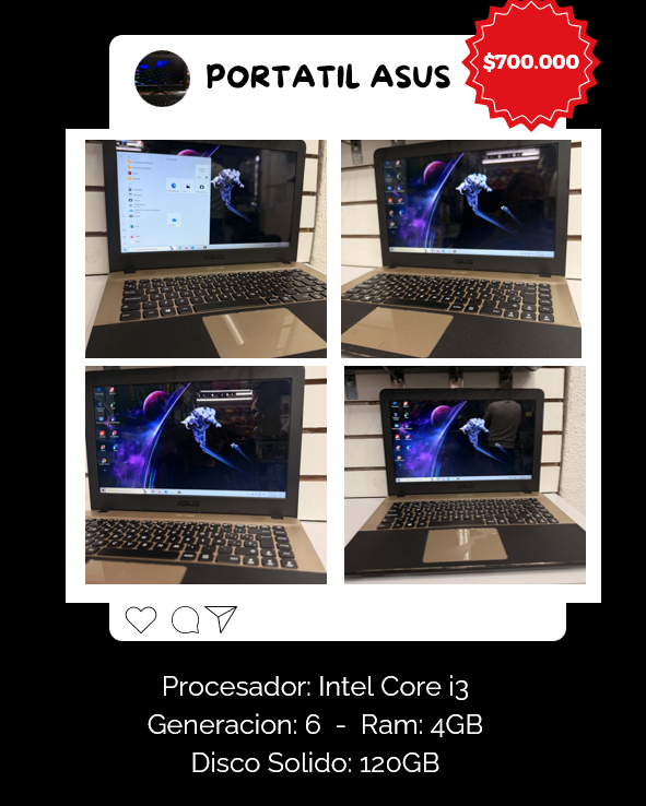 Portatil ASUS Intel Core i3, Memoria 4 Gigas, Almacenamiento 120 Gigas SSD Solido.