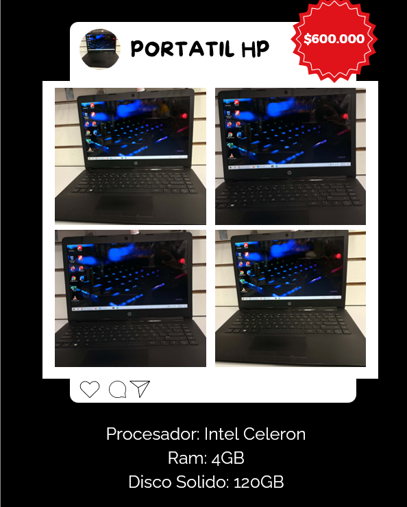 Portatil HP Intel Celeron, Memoria 4 Gigas, Almacenamiento 120 Gigas. SSD Solido.